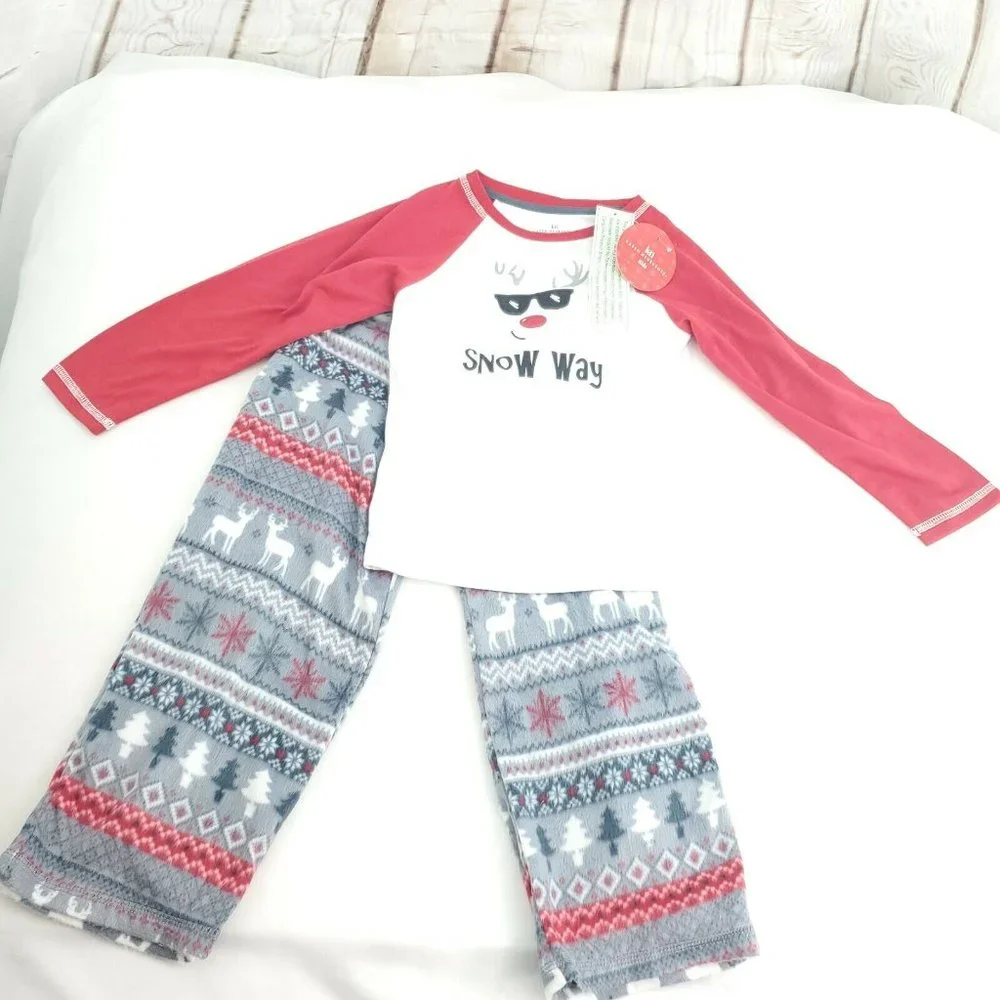 Karen Neuburger Kids Red White Gray Snow Way Fleece 2 Pc Pajama Set Sz XS 4T 5T